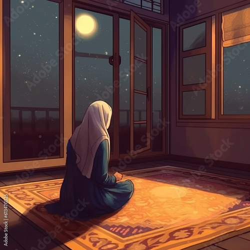 A muslim and muslim woman Recitation Reading Holy-Quran illustration Background, Read the Al-Quran and translation at night image Watercolor Vector, Dramatic illustration Itikaf zikir Dhikr for Allah