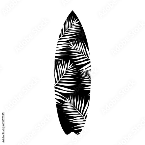 Logo club de surf. Silueta de tabla de surf con hojas de palmera en espacio negativo