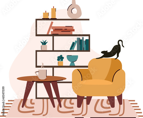 Chair living room scene. Cat on a chair. Mid century style. Vector illustrations.