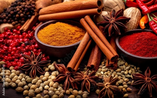 Closeup of Spices and Foods - Aromatic Flavors and Culinary Delights, Generative AI © Flowstudio