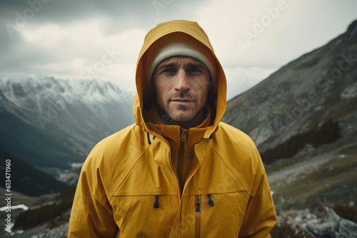 portrait of young man in yellow jacket in mountains © Наталья Добровольска