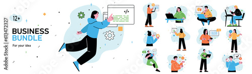 Set of mini concepts on the topic of business bundle. Image in flat cartoon style of creating business bundle by different people. Vector illustration.