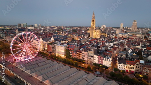 4K Aerial view of cityscape of Antwerp, gothic style landmark Cathedral photo