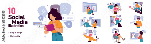 Set of mini concepts on the topic of social media. Image of active use of social networks by young people. Vector illustration.