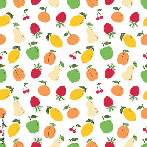 Seamless pattern with tasty fresh fruits  cherry  apple  strawberry  lemon  apricot with black line on white background. HAnd drawn vector flat cartoon doodle illustrations. Kitchen  textile  texture.