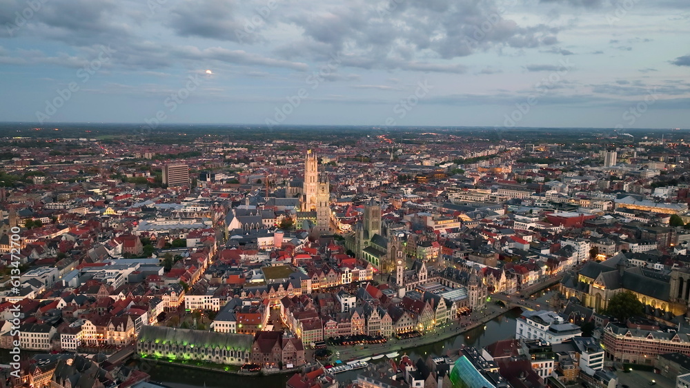 Aerial view of famous places Ghent, East Flanders province,