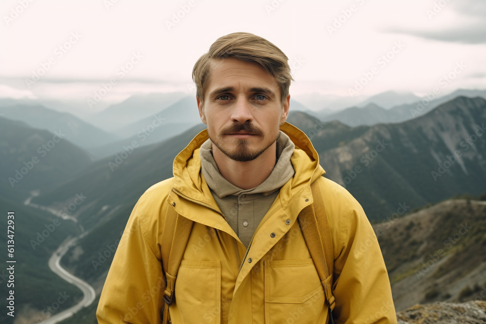 portrait of young man in yellow jacket in mountains