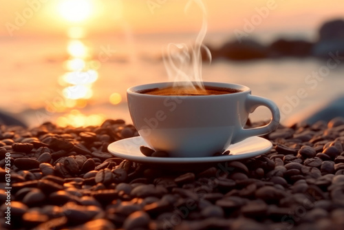 A cup of steaming coffee stands on a pebble of coffee beans