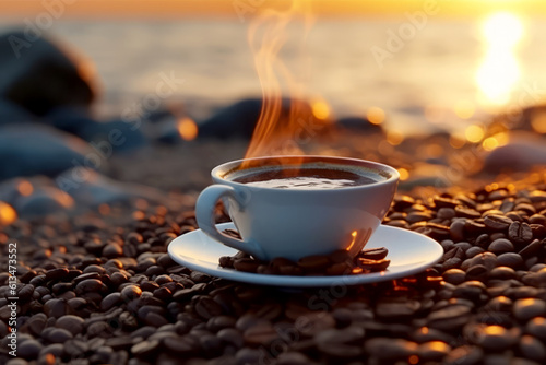 A cup of steaming coffee stands on a pebble of coffee beans