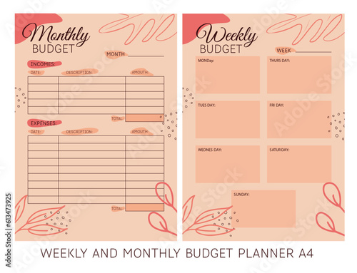 The weekly and monthly budget planner in A4 format. Financial planner. Finances, income, and expenses.