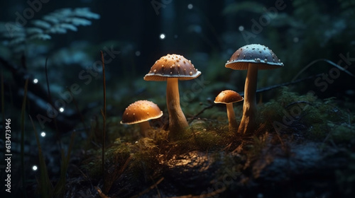 Iridescent mushrooms in night woodland nature surrounded by fireflies, fantasy scene