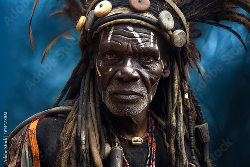 African shaman or witch doctor, mystical dark occult portrait. Generative AI