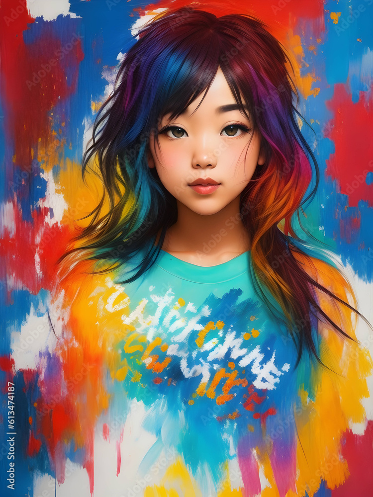 portrait of a young rebellious woman with colorful highlights in hair and colorful art background created with generative ai