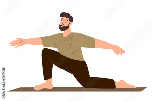 Young Male Character Stretching,standing on knee,Realxing in Engage Yoga Practice Isolated on white background.Man Calmimg,Meditating,Practising Asana.Training Class.Cartoon People Vector Illustration