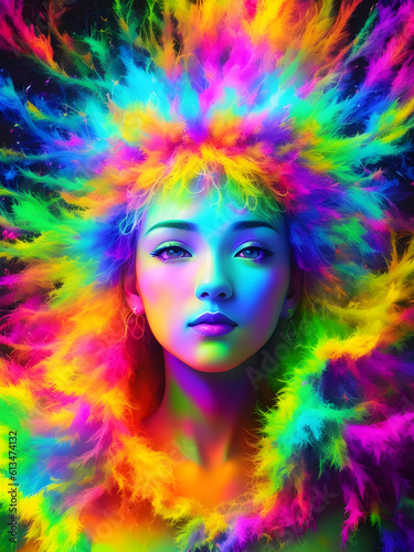 Vibrant Portrait Illustration: Young Woman with Psychedelic Art and Multi Colored Color Clouds created with generative ai © Otto