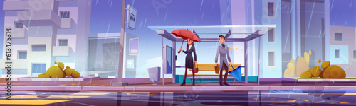 City bus stop at bad rainy weather with people vector background. Sad man and happy woman character with umbrella in shelter bear street road. Rainfall and water puddle on sidewalk urban landscape