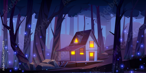 Game fantasy forest at night with house landscape background. Scary and mystic scene with cabin, firefly and stone. Nighttime mysterious decoration for halloween with witch building and light window.