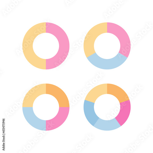 Colorful structure with 2, 3, 4, 5 elements. Pie diagram. Circular section colored graph. Circle chart divided into pieces. Set of segments. Round scheme with sectors. Vector illustration