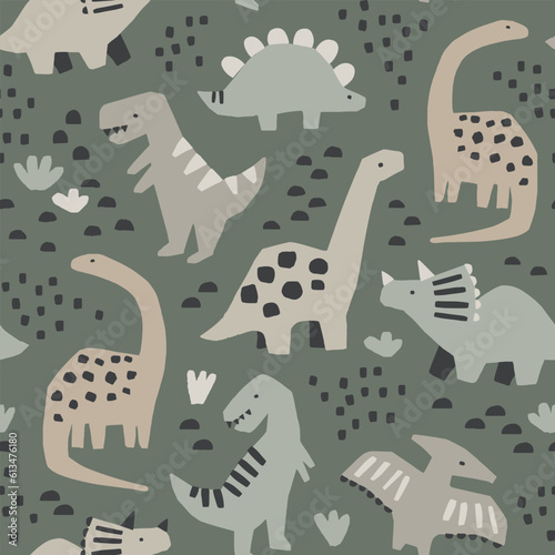Hand drawn seamless pattern with dinosaurs and abstract shapes. Colorful Dino design. Perfect for kids fabric, textile, nursery wallpaper. Cute dino design. Vector illustration.