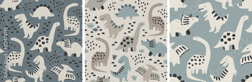 Hand drawn dinosaur pattern collection. Cute dinosaur design set. Perfect for kids fabric, textile, nursery wallpaper. Vector illustration. © mgdrachal
