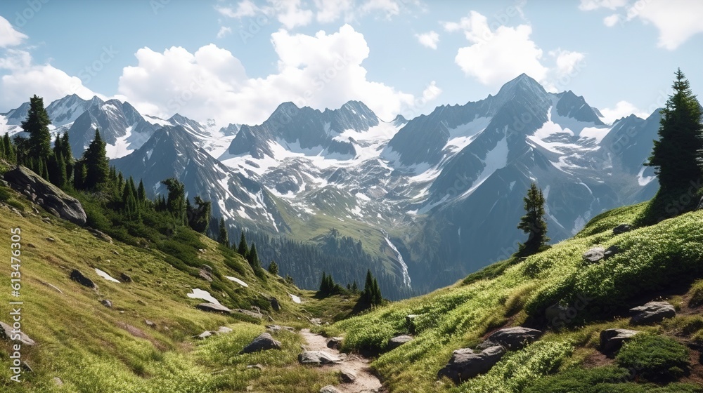A large beautiful meadow with a path that leads to a majestic mountain range with snow-capped peaks. Meadow on the background of mountains. Generative AI.