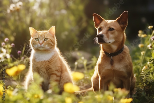 Cat and dog playing together outdoor in sunny garden,