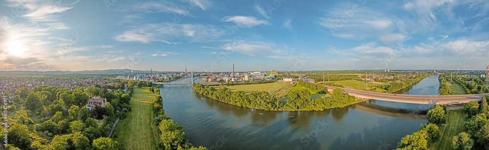 Drone panorama over the river Main near Frankfurt Hoechst