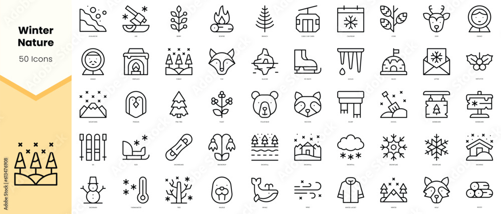 Set of winter nature Icons. Simple line art style icons pack. Vector illustration