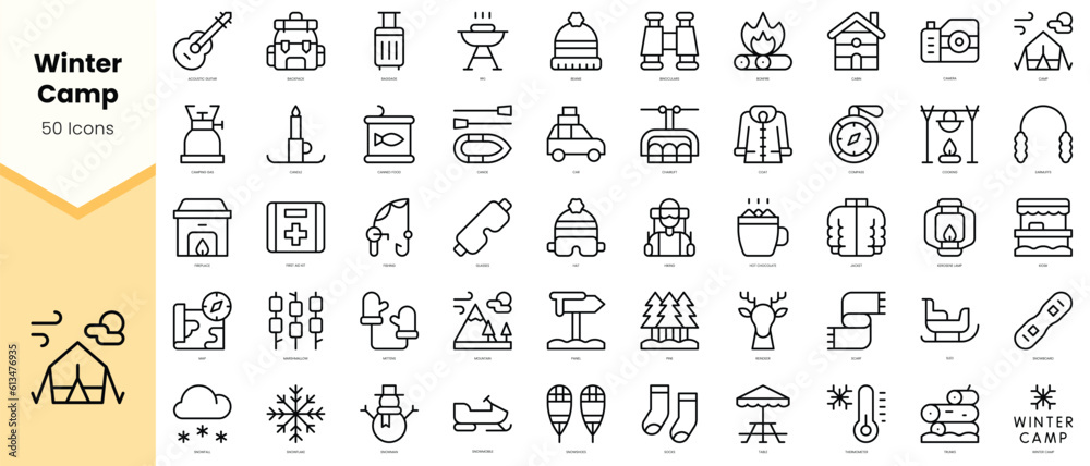 Set of winter camp Icons. Simple line art style icons pack. Vector ...