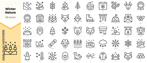 Set of winter nature Icons. Simple line art style icons pack. Vector illustration