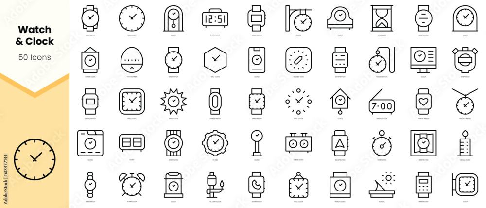 Set of watch and clock Icons. Simple line art style icons pack. Vector illustration