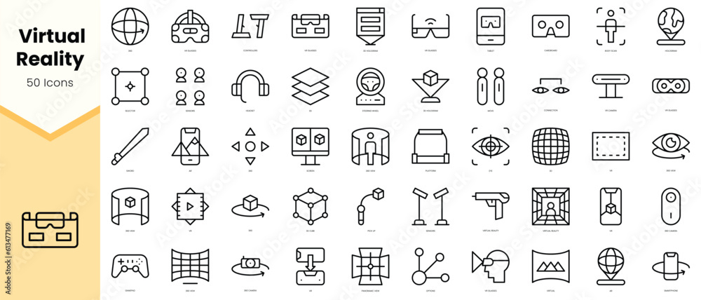 Set of simple outline virtual reality Icons. Simple line art style icons pack. Vector illustration