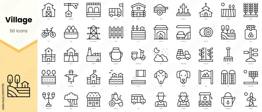 Set of village Icons. Simple line art style icons pack. Vector illustration