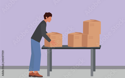 Manual Handling Worker Lifting Box Manually for Manual Handling Training, Manual Lifting of Heavy Objects Handling Warehouse Worker. Correct Lift of Box. Man Stand Up with Cardboard Package in Hands.