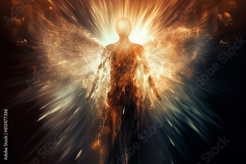 Religion, fantasy, fashion, good and evil concept. Abstract and surreal looking angel with wings illustration. Generative AI © Rytis