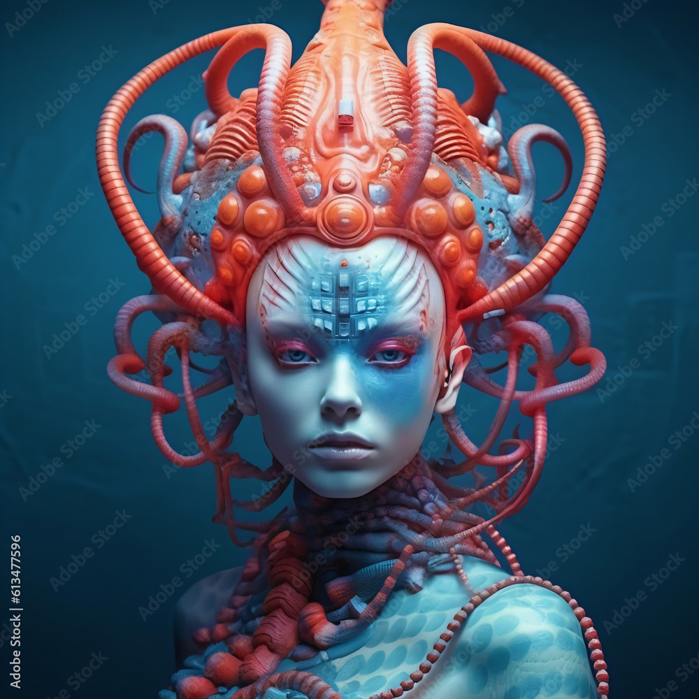 surreal female portrait with crazy alien headdress, fictional person created with generative ai surreal female portrait with crazy alien headdress, fictional person created with generative ai