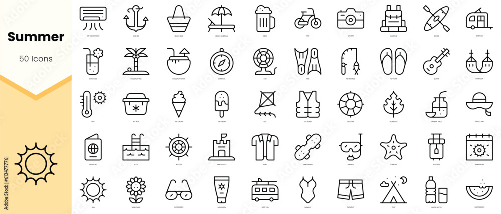 Set of summer Icons. Simple line art style icons pack. Vector illustration