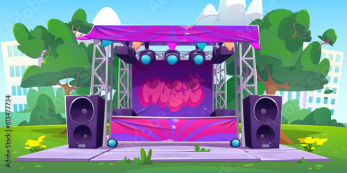 Festival music concert stage outdoor public party vector illustration. Open air street performance with band on summer wedding celebration. Live musician rock entertainment activity cartoon background