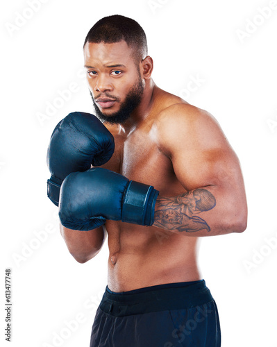 Black man, boxer with sports and exercise in portrait, martial arts and training isolated on transparent png background. Serious male athlete boxing, start fight with gloves and strong person photo
