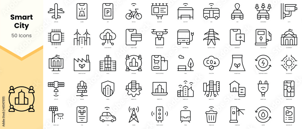Set of smart city Icons. Simple line art style icons pack. Vector illustration