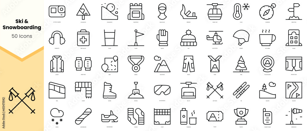 Set of ski and snowboarding Icons. Simple line art style icons pack. Vector illustration - obrazy, fototapety, plakaty 