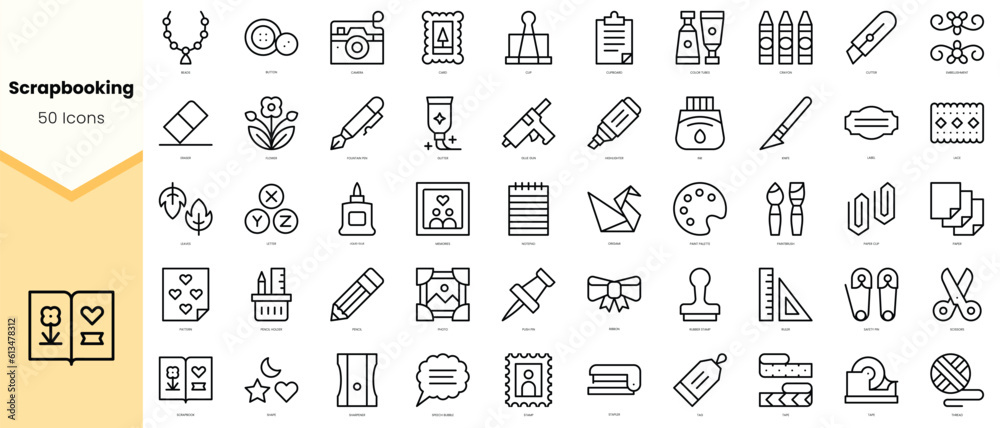 Set of scrapbooking Icons. Simple line art style icons pack. Vector illustration
