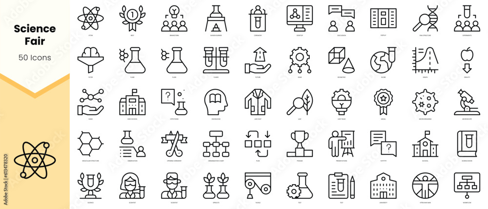 Set of science fair Icons. Simple line art style icons pack. Vector illustration