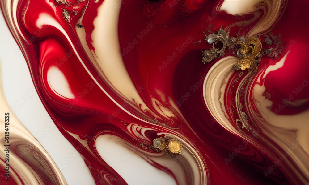 Luxury Royal Red, White and Gold Colored Waves Abstract background, textured, marbles, Ink Liquid Modern Abstract Backdrop, Generative AI
