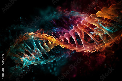Science and technology concept. Human DNA and quantum mechanics mix abstract colorful illustration in dark background with copy space. Generative AI