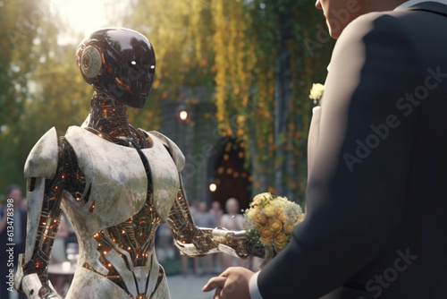 Love relationship between a human and a robot. The connection of human feelings. Future attitud. female android ciborg robot artificial intelligence, robotization and automatization. Generative AI © Ruslan Batiuk
