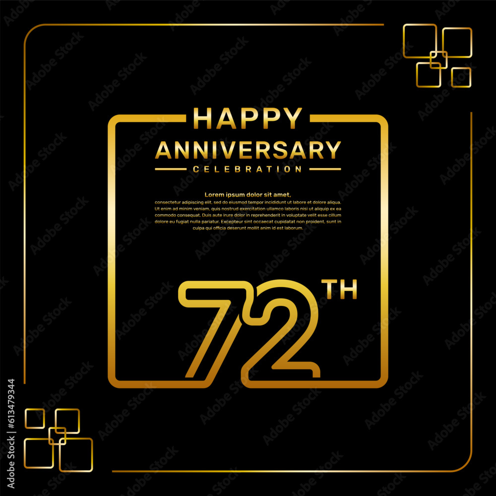72 year anniversary celebration logo in golden color, square style, vector template illustration