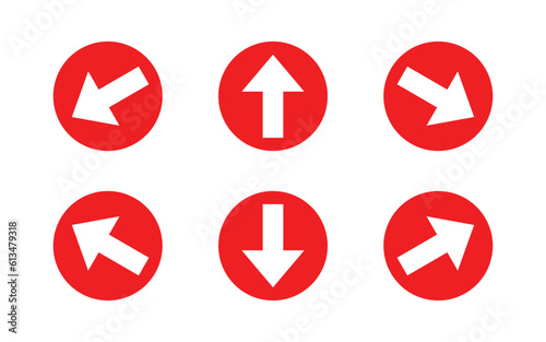 Arrow navigation symbol in red circle. Arrow symbol isolated on white background.