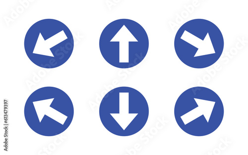 Arrow navigation symbol in blue circle. Arrow symbol isolated on white background.