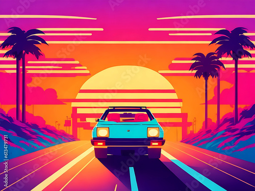 Summer vibes 80s style illustration with car driving into sunset. Generative AI 2023 © Despixim